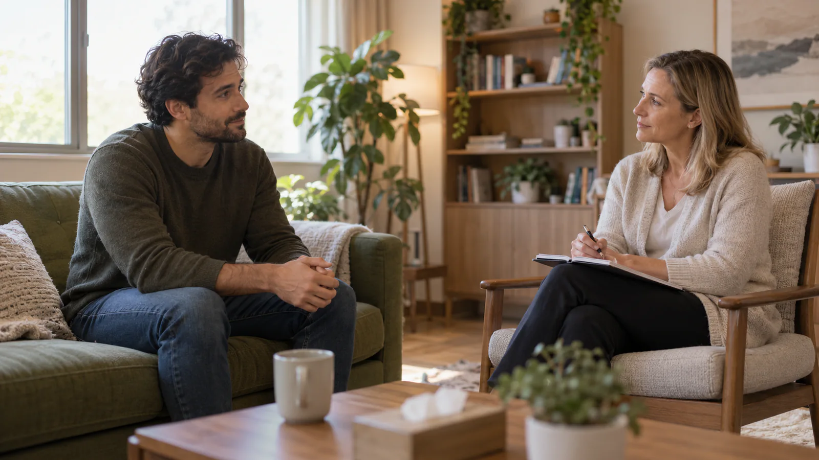 Mies istuu sohvalla ja puhuu vastaanotolla
