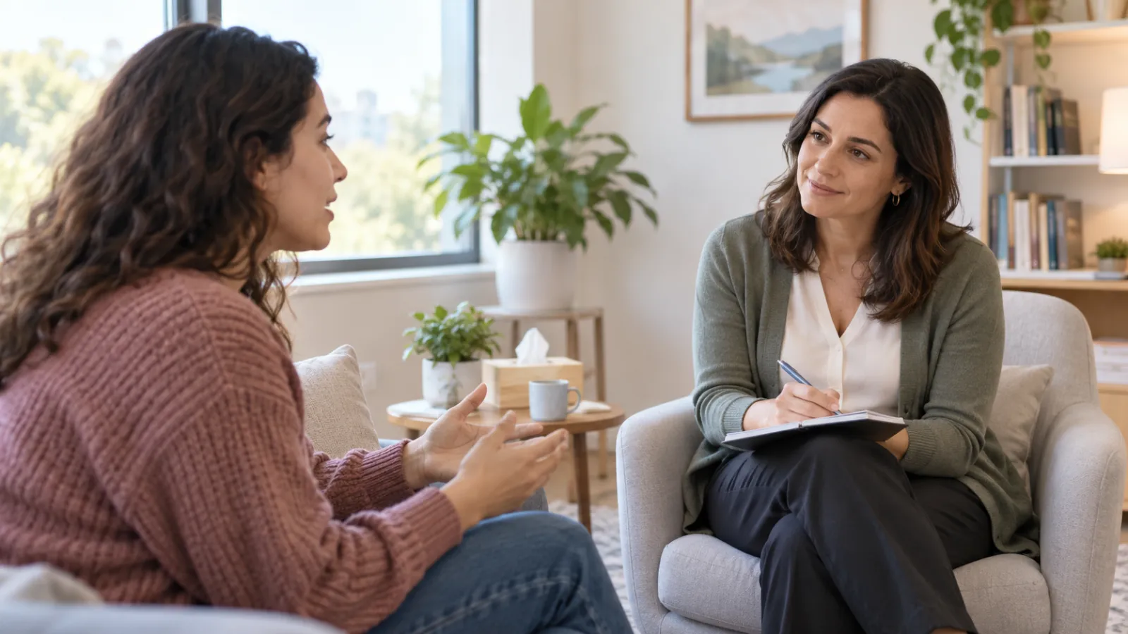 Persona adulta conversa con una profesional de salud mental.