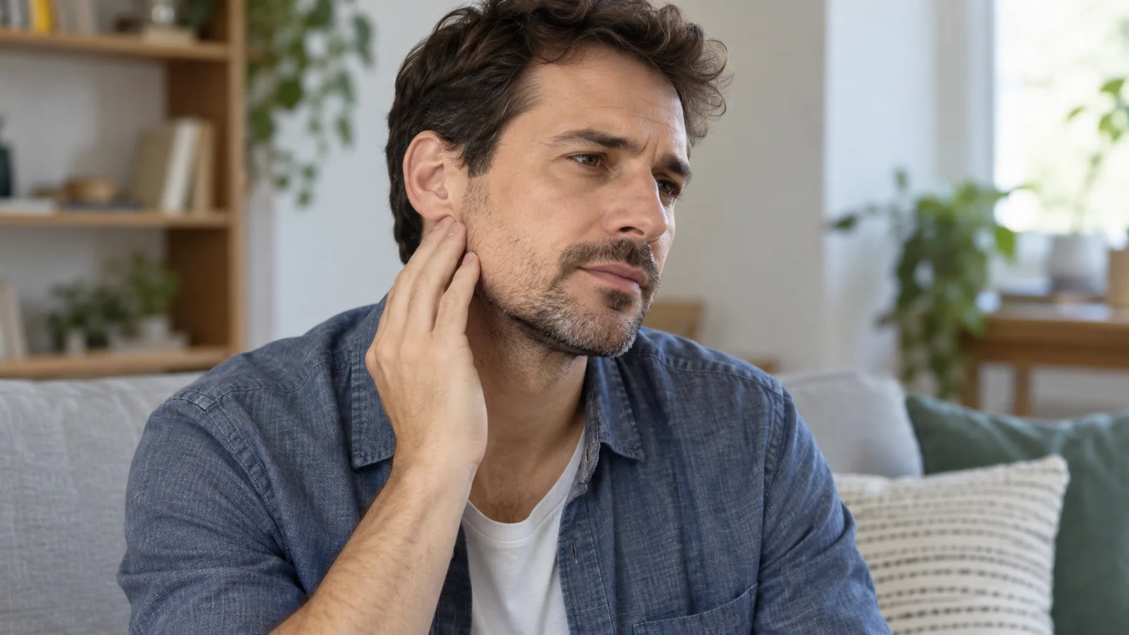Hombre adulto apoya los dedos en la mandíbula, bajo la oreja.