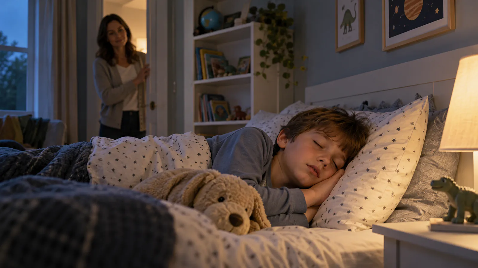 Uma criança dorme na cama enquanto um adulto a observa da porta