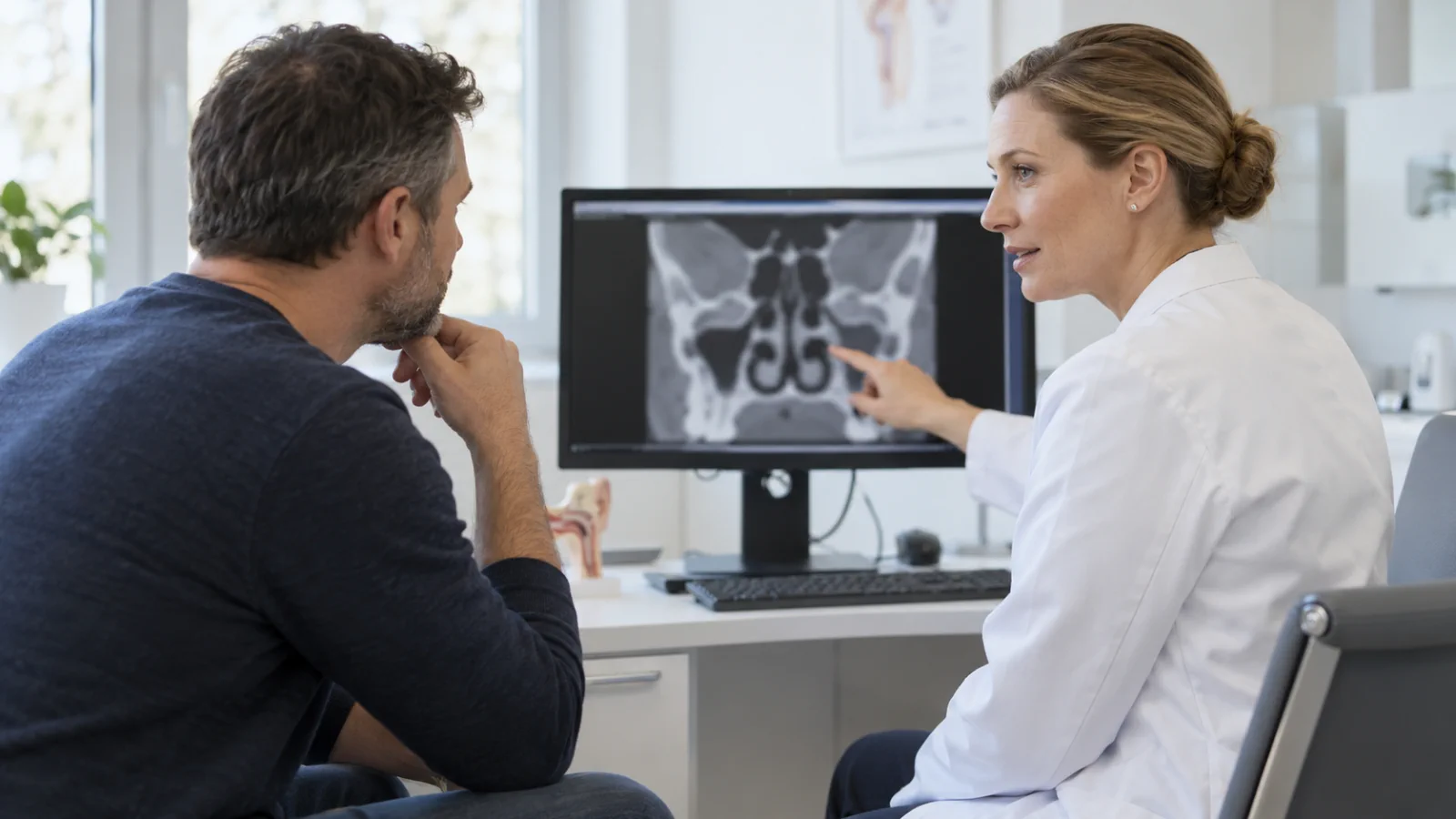 Laryngolożka objaśnia pacjentowi na ekranie wynik tomografii zatok