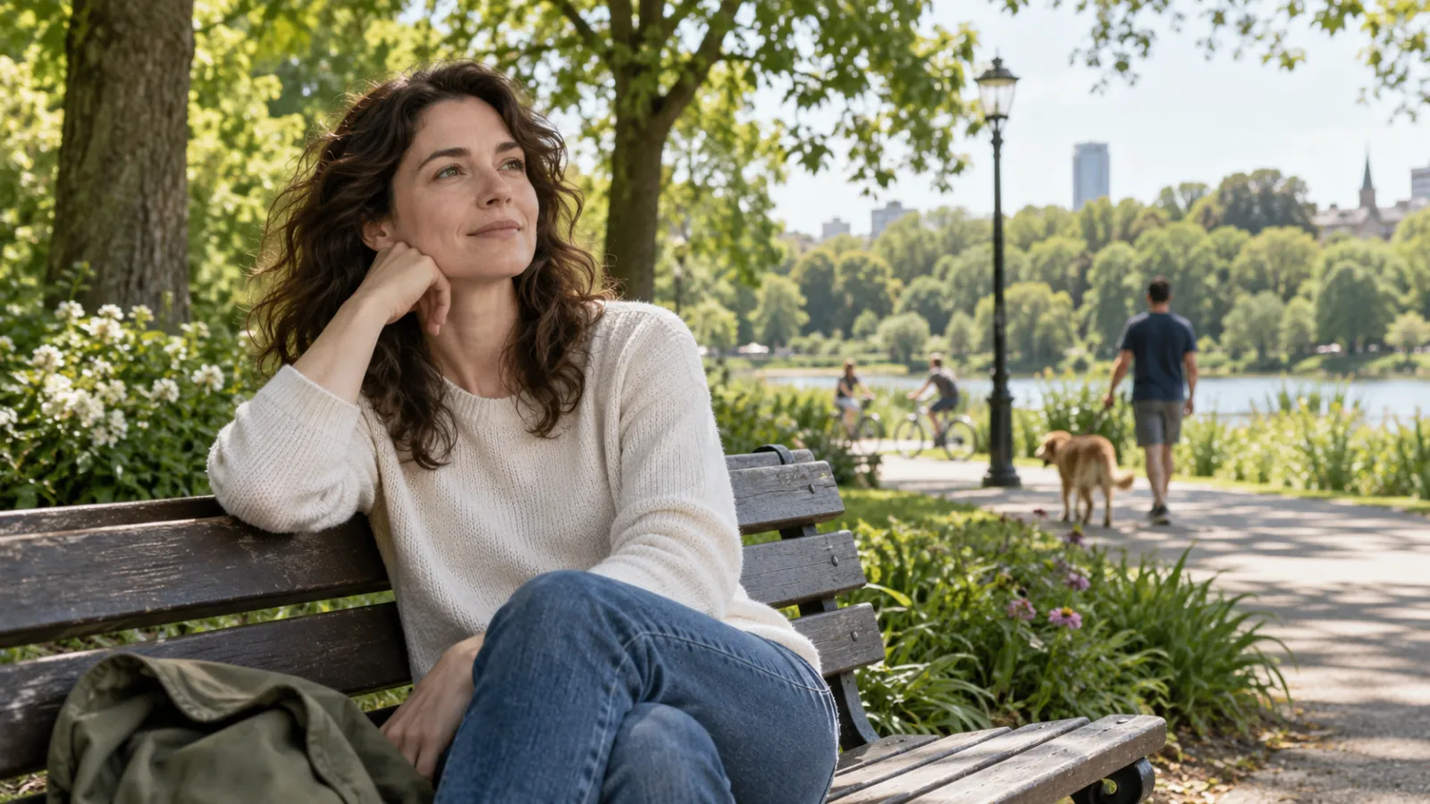 Una persona adulta se sienta pensativa en un banco de parque con luz suave.