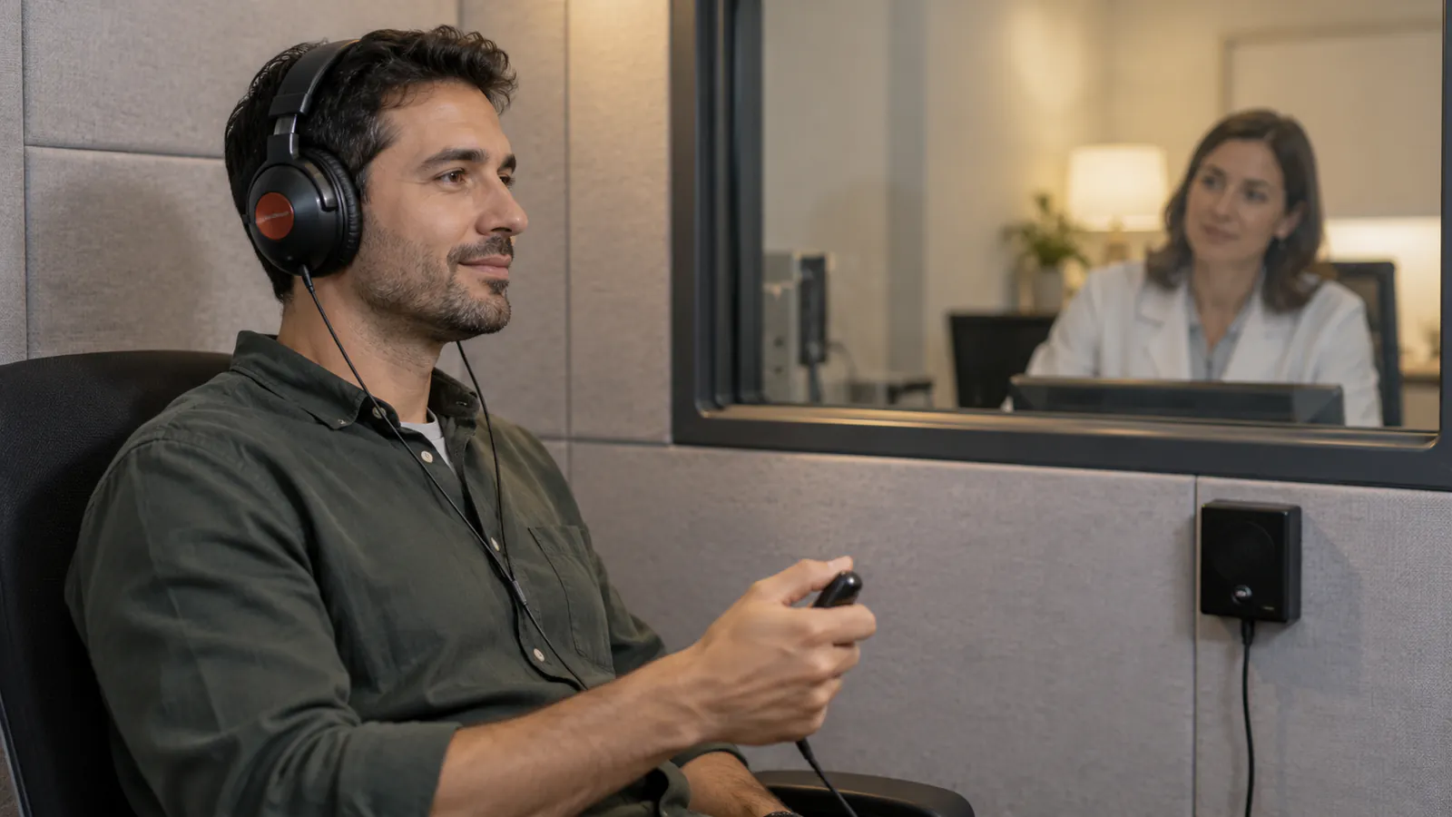 Hombre adulto realiza una prueba auditiva con auriculares en una cabina, acompañado por una profesional.
