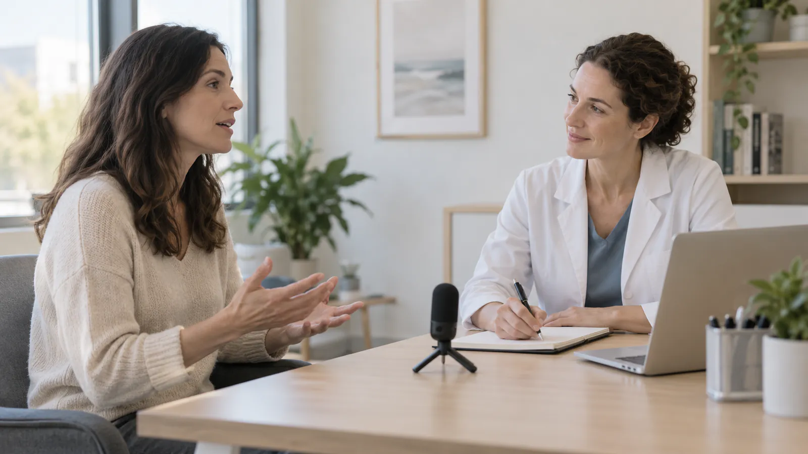 Paciente conversa con una profesional sanitaria que escucha y toma notas en consulta.