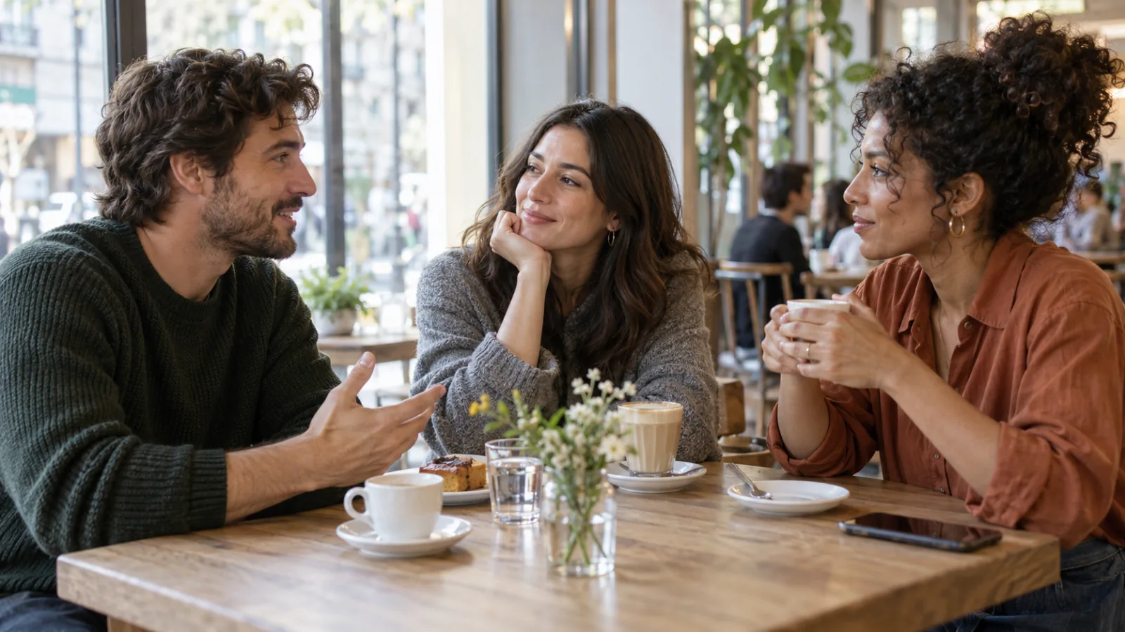 Un uomo e due donne chiacchierano sorridendo al tavolo di un bar