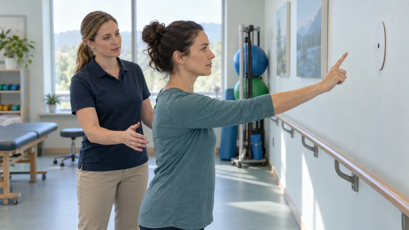 Fisioterapeuta orienta uma mulher num exercício de equilíbrio