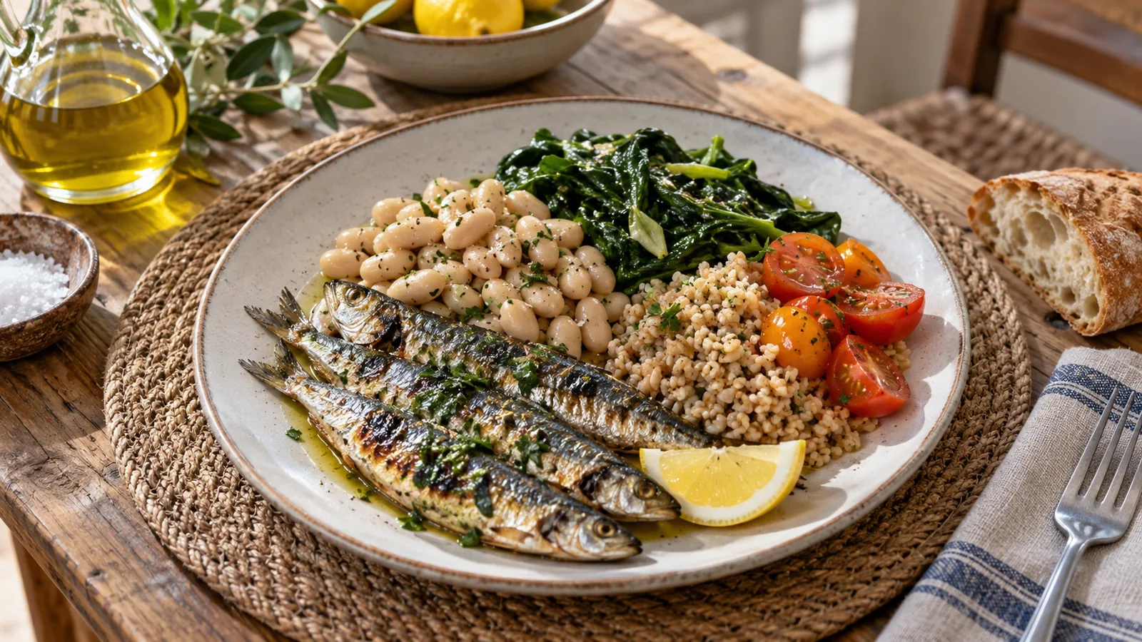Tallerken med fisk og grøntsager