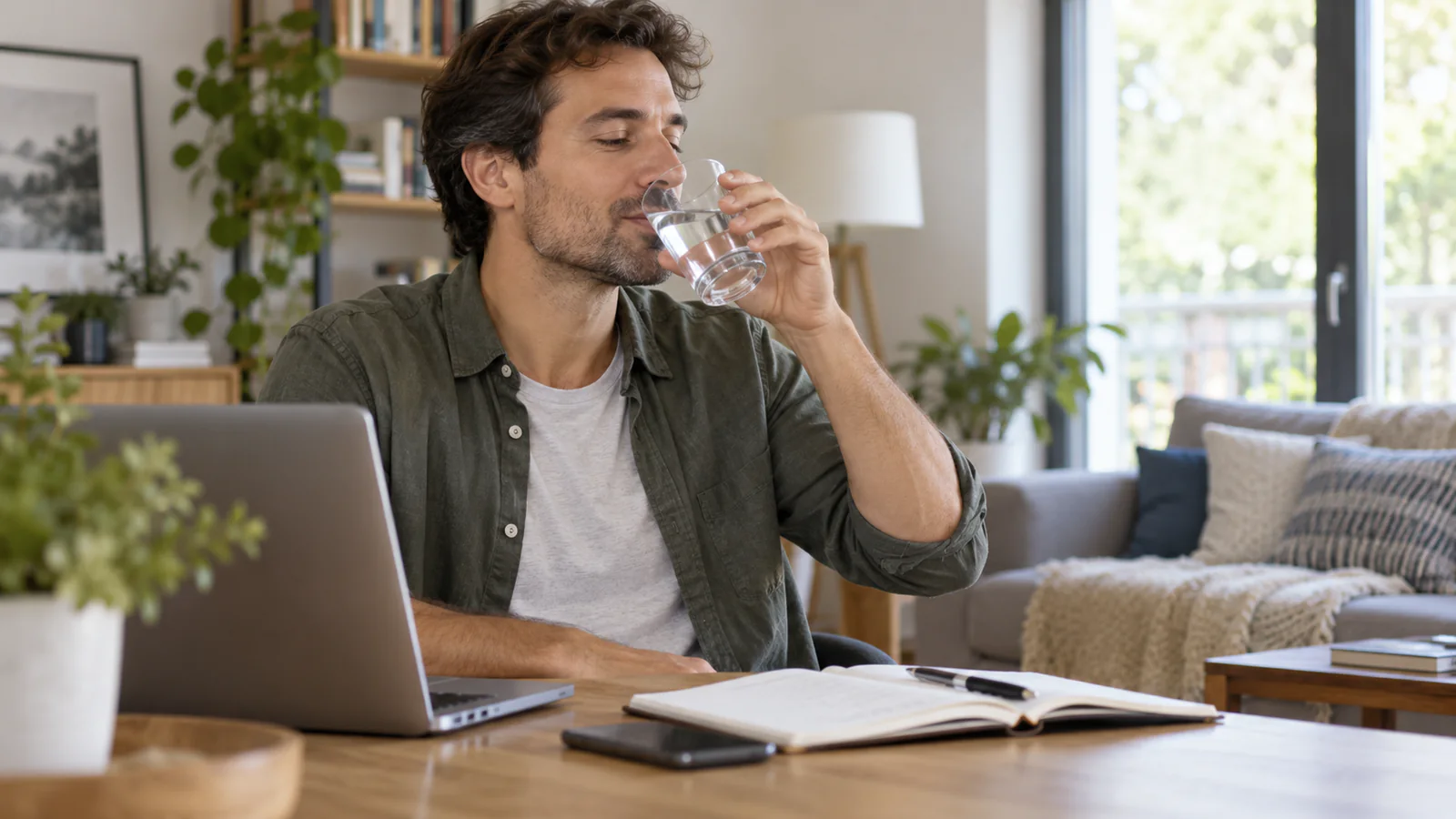 Hombre bebe agua durante una pausa de voz en casa.