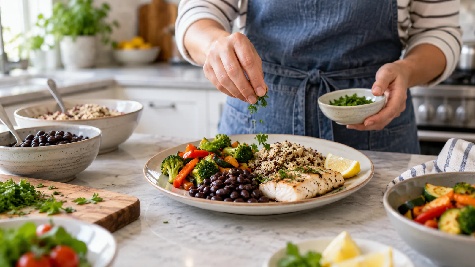 Persona sirviendo un plato casero con pescado, legumbres, verduras y cereales.