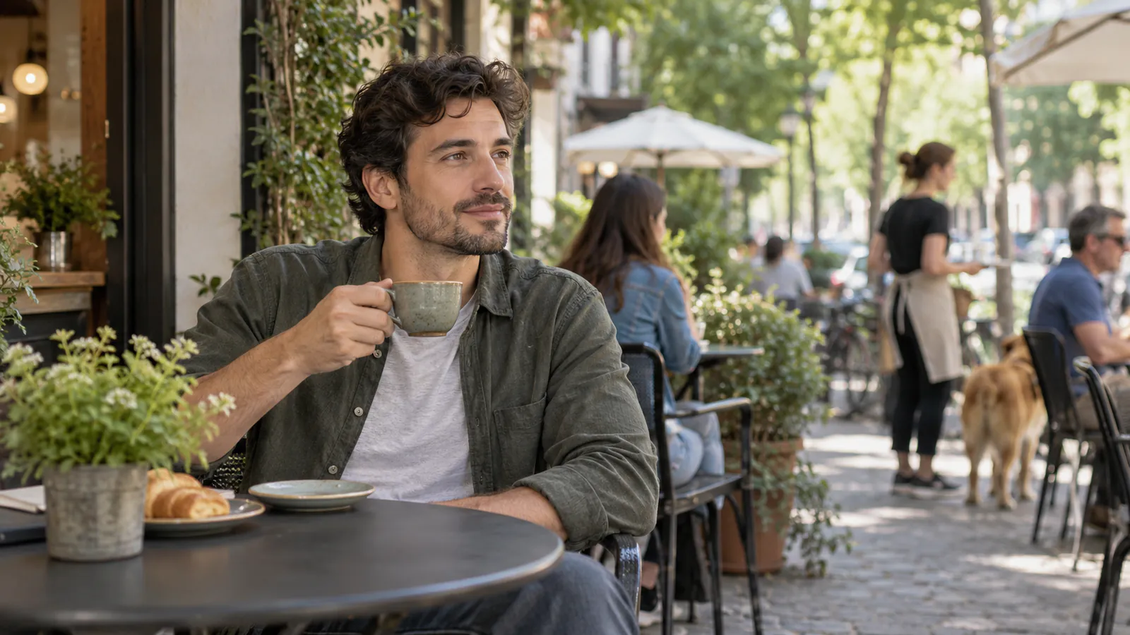 Un uomo beve un caffè seduto tranquillo al tavolino di un bar all’aperto