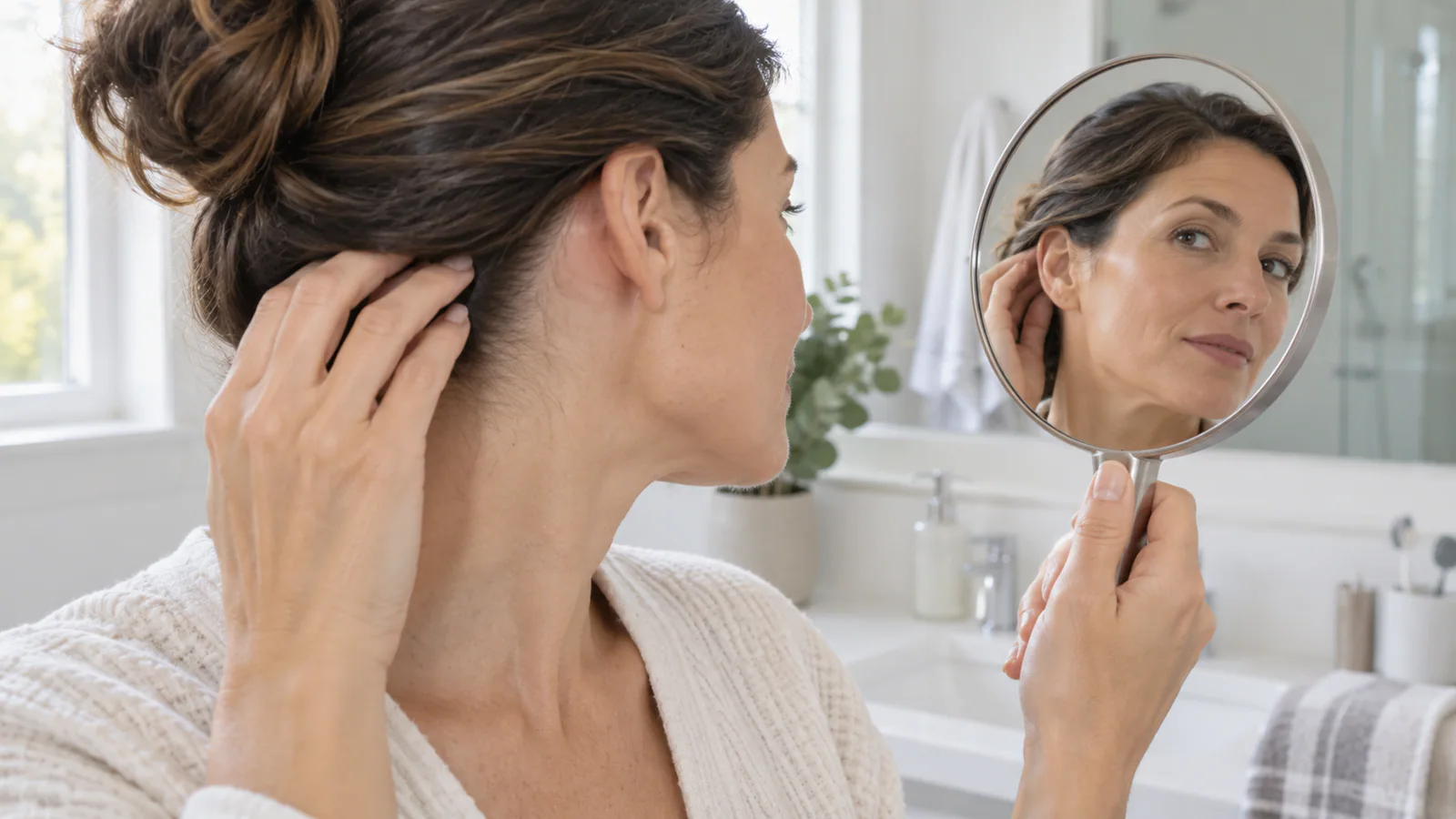 Mujer adulta usa un espejo de mano para revisar la zona detrás de la oreja.