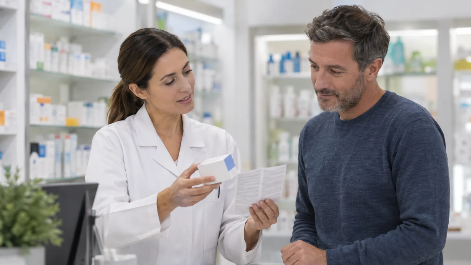 En farmaceut visar en förpackning för en man på ett apotek.