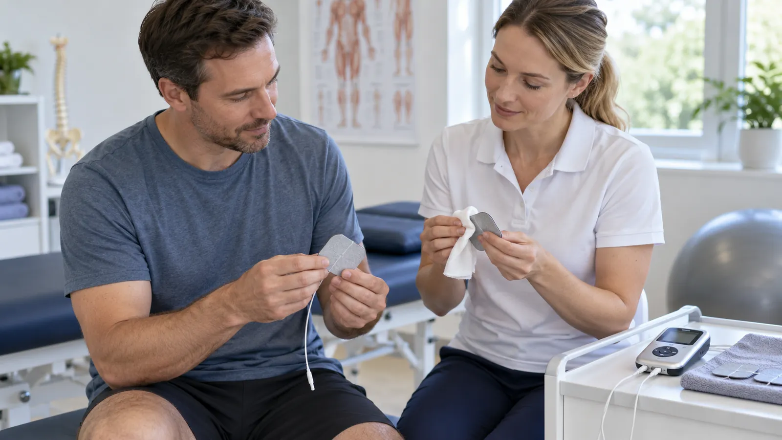 En fysioterapeut visar en tens-platta för en patient som sitter på en brits.