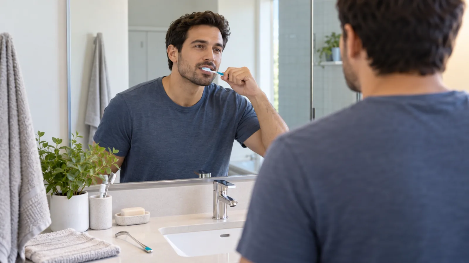 Un uomo si lava i denti davanti allo specchio del bagno
