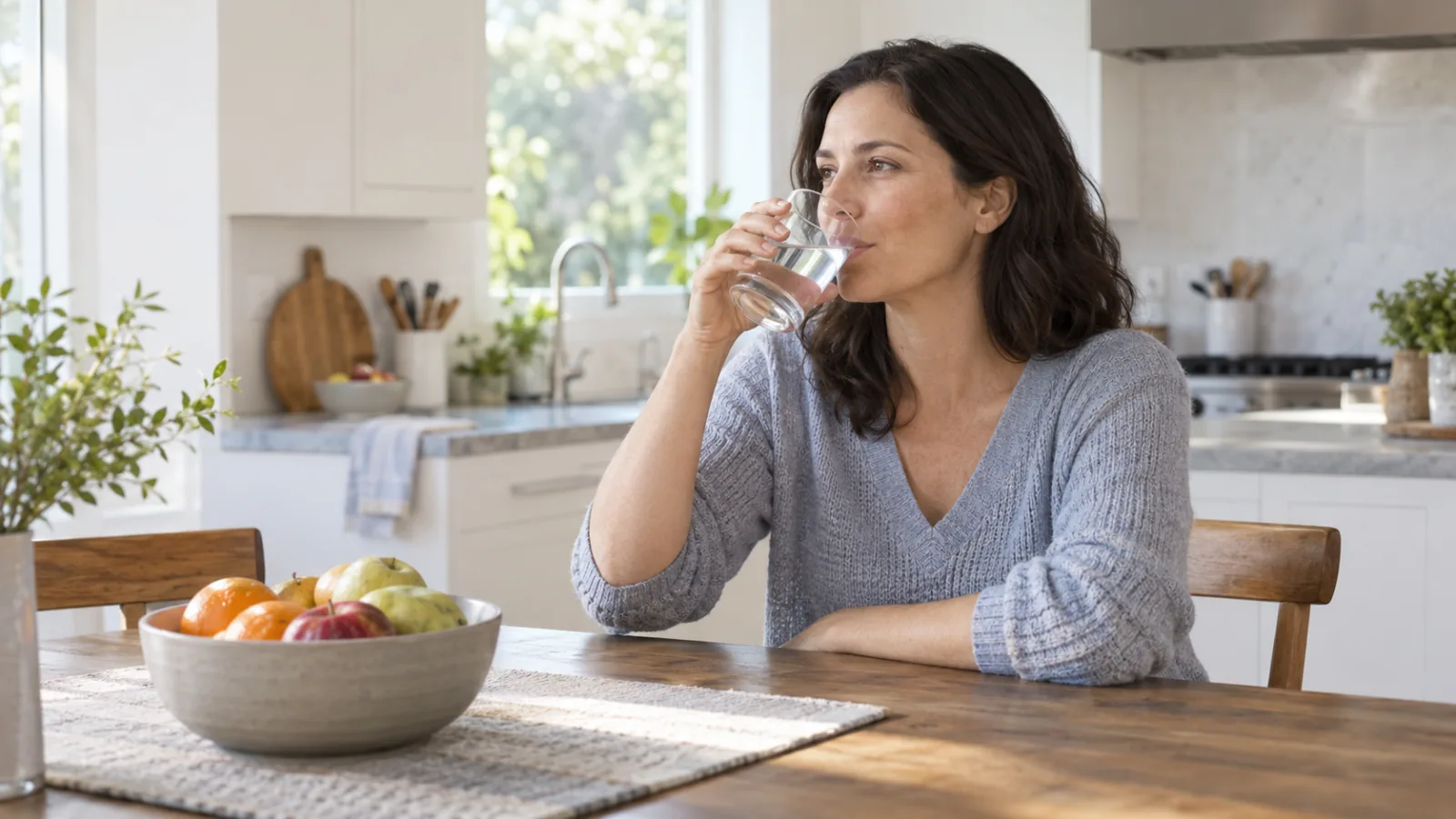 Una donna beve un bicchiere d’acqua seduta al tavolo della cucina