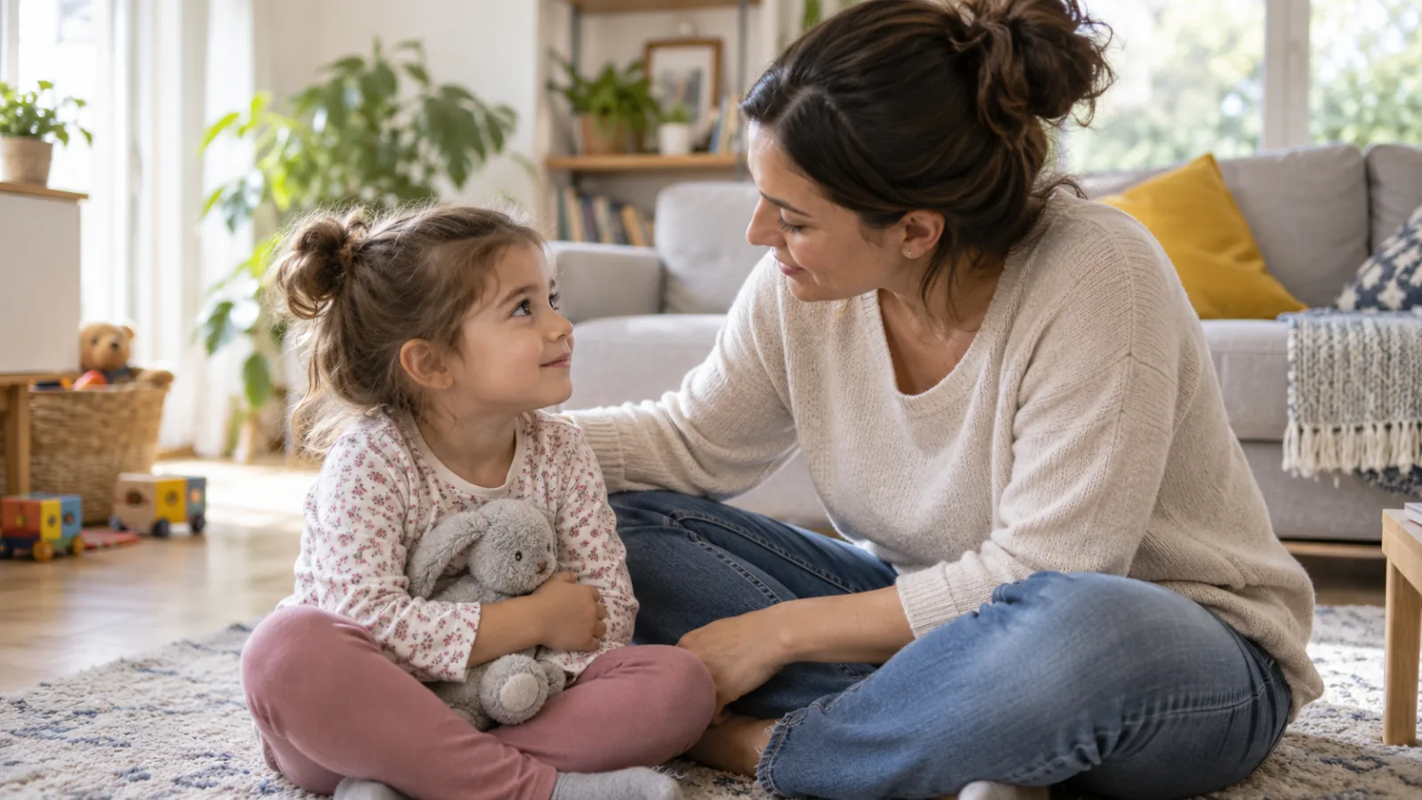 Una madre seduta sul pavimento parla con la figlia piccola