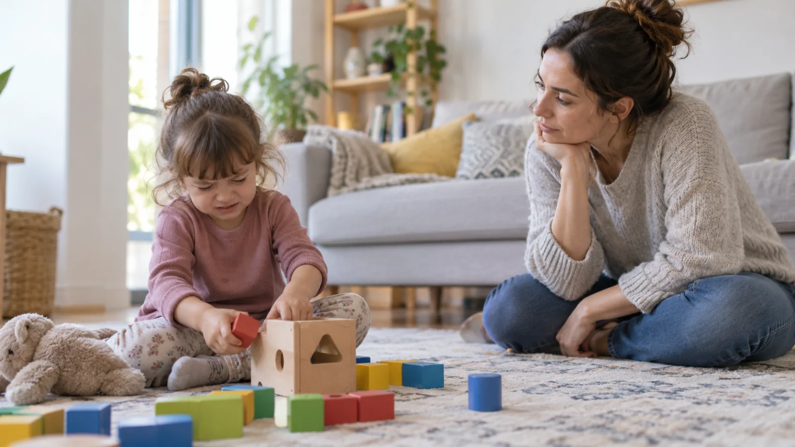 Una bambina gioca con i cubi mentre la madre la osserva da vicino