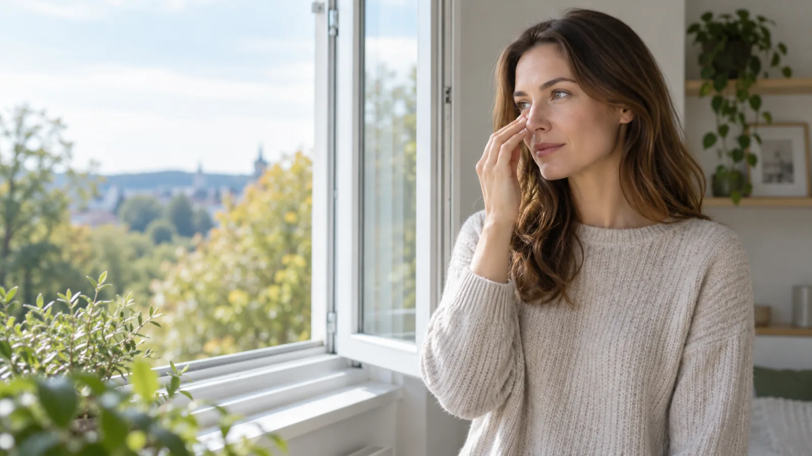 Una donna si tocca delicatamente il naso accanto a una finestra aperta