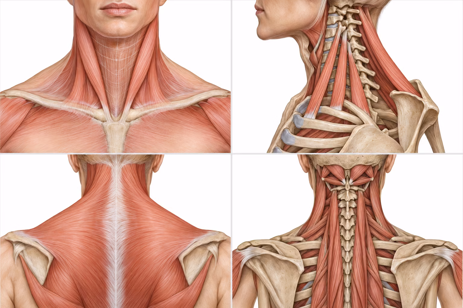 Esquema anatómico del cuello en vistas anterior, lateral, posterior y profunda, con distintos grupos musculares visibles.