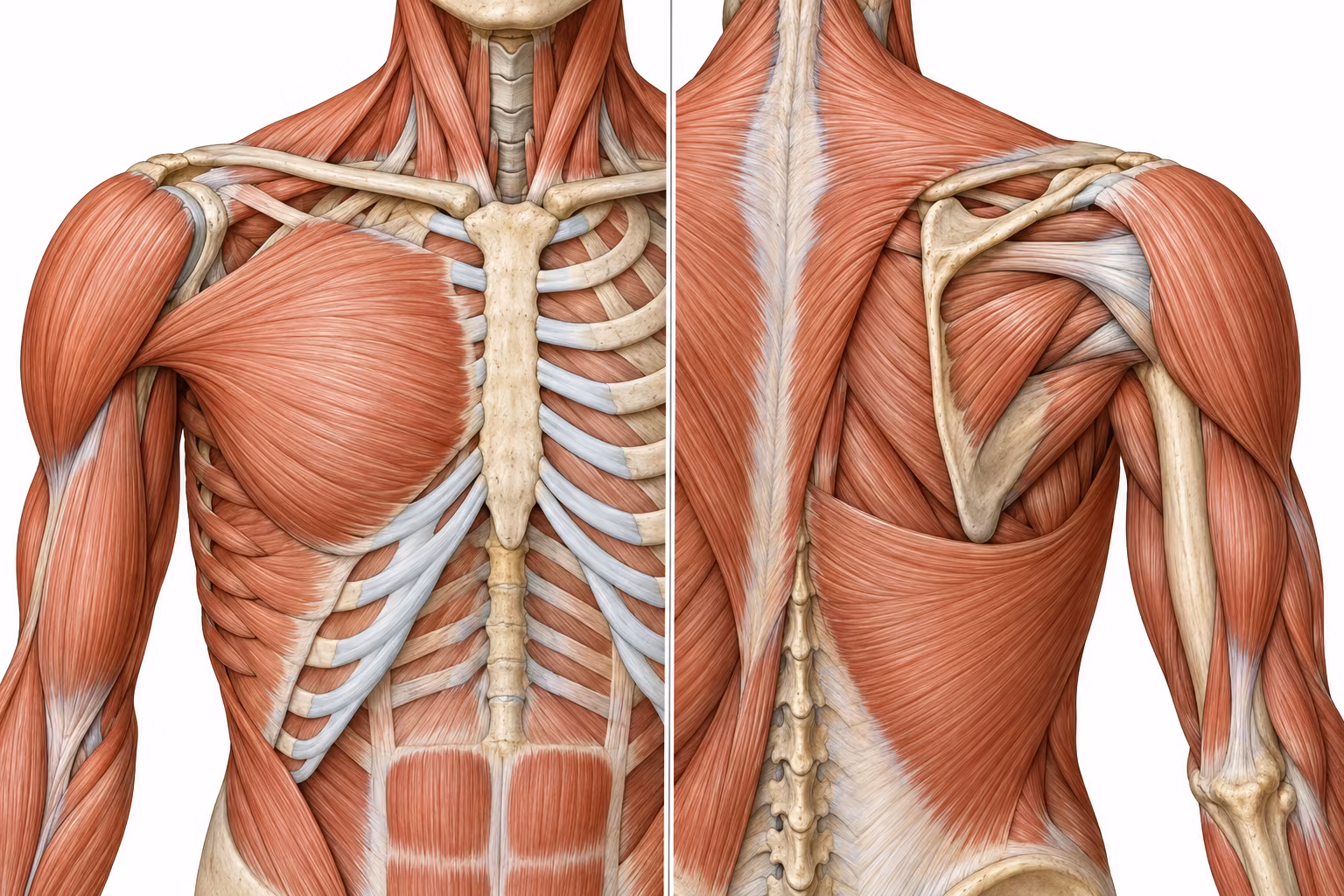 Ilustración anatómica de los músculos del hombro en vistas anterior y posterior, con músculos y huesos expuestos.